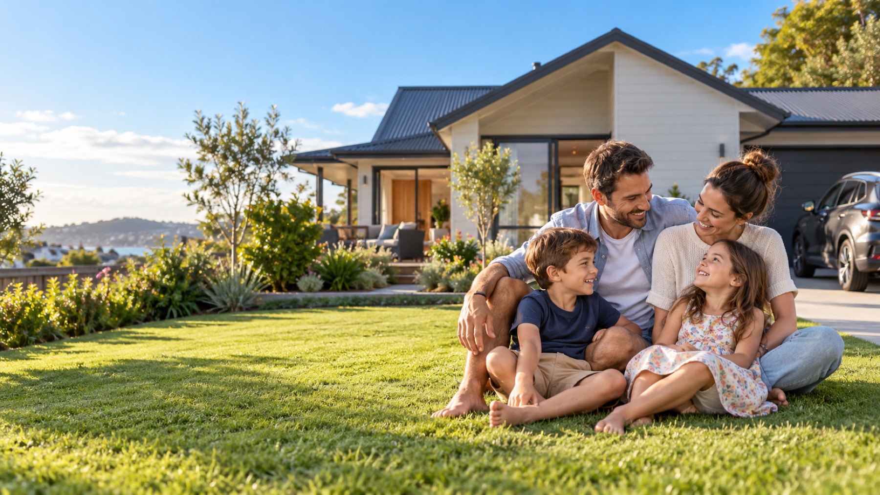 A family together outside a home with a car in the driveway.